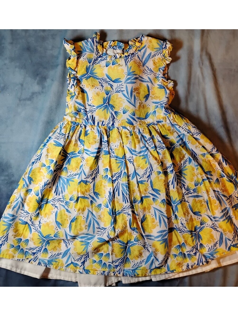 Girls  size 5 yellow and blue floral print dress with ruffles